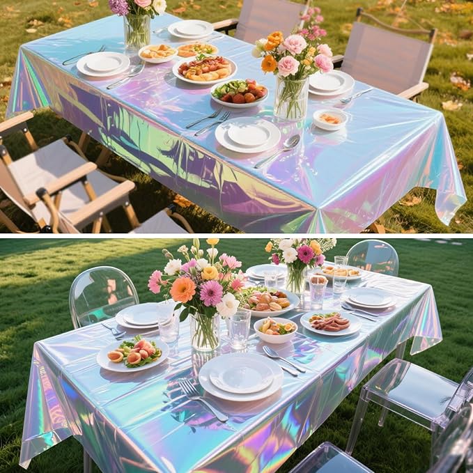 3 Packs Iridescent Plastic Tablecloths 54 x 108 Inch Shiny Disposable Laser Rectangle Table Covers Holographic Foil Table Cloths for Disco Ball Decor Carnivals Parties