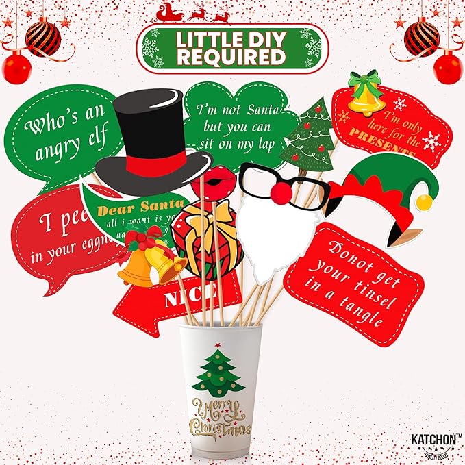 KatchOn, Christmas Photo Booth Props - Pack of 47, Little DIY | Christmas Decorations Indoor, Outdoor | Party Photo Props, Selfie Prop | Merry Xmas Party Prop with Pose Signs for Decorations