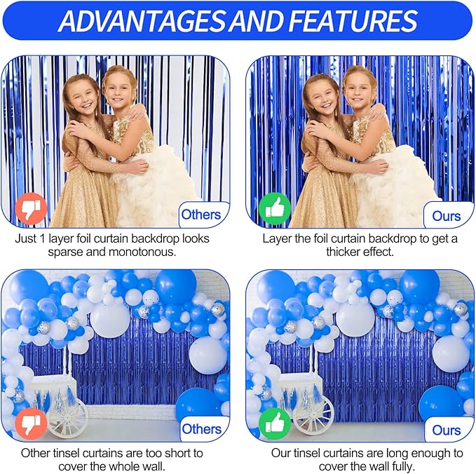 Crosize 4 Pack 3.3 x 9.9 ft Dark Blue Foil Fringe Curtains Party Decorations, Blue Tinsel Curtain Backdrop for Parties, Door Streamers, Glitter Streamer Fringe Backdrop for Birthday Decoration