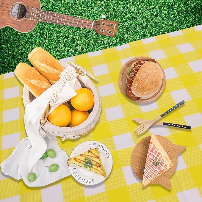 Kesfey 3 Packs Yellow Gingham Tablecloth 54 x 108 Inches Yellow and White Checkered Table Cloths Disposable Plastic Gingham Tablecovers Waterproof Rectangle Picnic Plaid Table Cover for Camping Party