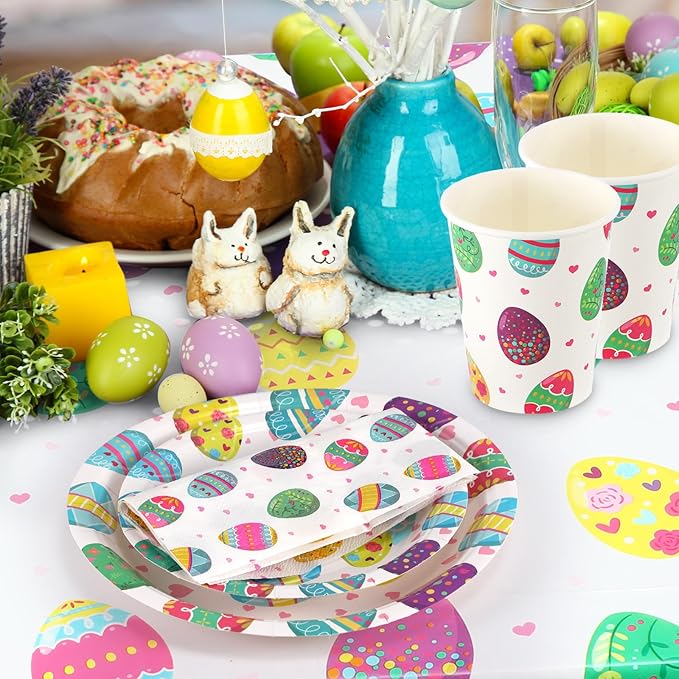 Layhit 202 Pcs Easter Party Supplies Set for 50 Guests, 9" Bunny Egg Dinner Plates 7" Dessert Plate and Napkin 9 oz Paper Cup 2 Pcs Plastic Tablecloth Disposable Tableware for Spring Party Favor