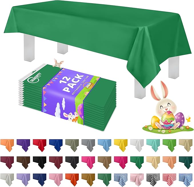 Grandipity 12 Pack Premium Disposable Plastic Tablecloth 54 Inch. x 108 Inch. Decorative Rectangle Table Cover - Green