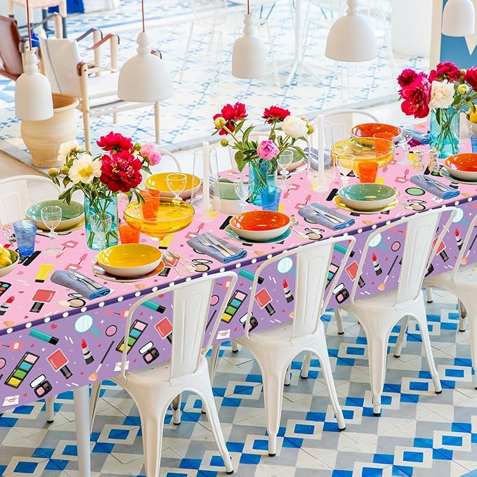 4 Pack Spa Theme Tablecloth Makeup Party Tablecovers 51 x 86 '' Disposable Plastic Makeup Theme Table Cover for Girls Spa Party Birthday Decorations Baby Shower
