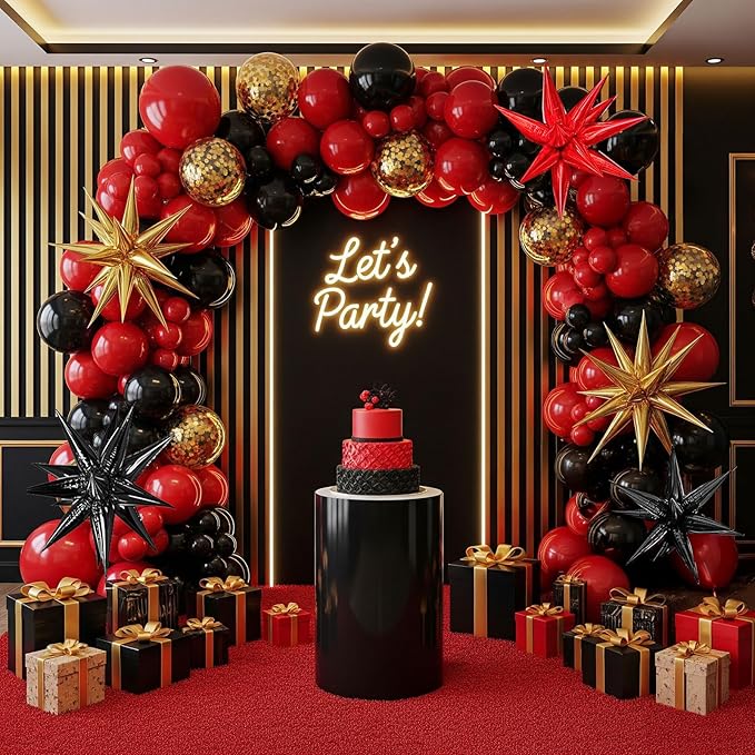 Black Red and Gold Balloon Garland Arch Kit 150PCS – Starburst Balloons for 2025 Graduation Party Decorations, Prom, Class of 2025, Movie Night or Casino Theme Celebration