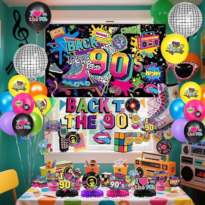 90s Party Decorations Includes 90's Backdrop, Foil & Latex Balloons, Cake & Cupcake Toppers, Honeycomb Centerpieces Banner, Hanging Swirls for 80s 90s Party Decorations