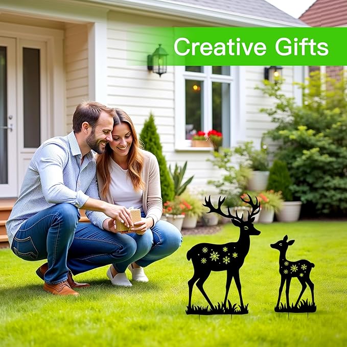 Deer Garden Decor for Outside, Metal Decorative Garden Stakes, Deer Gifts for Women Men Black Silhouette Statues Decorations for Yard Art, Patio, Backyard, Outdoor, Lawn Ornaments
