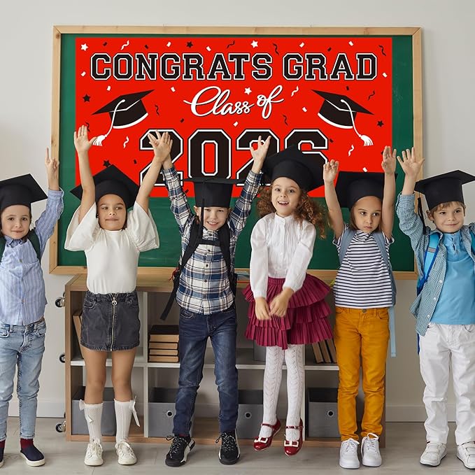 2026 Graduation Party Plastic Backdrop - 65" x 32.7" Congrats Grad Banner in Red, Large Class of 2026 Decorations, Photography & Grad Party Supplies