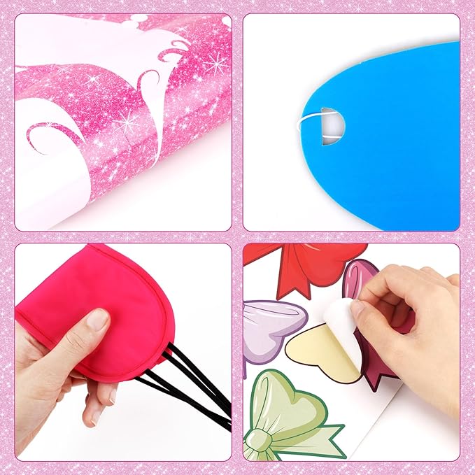 Hooqict Girls Princess Party Games Pin The Bow on The Head Birthday Games for Kids Party Pink Girl Birthday Party Decorations Supplies, Large Pin Tail Game Poster with 40 Bow Stickers