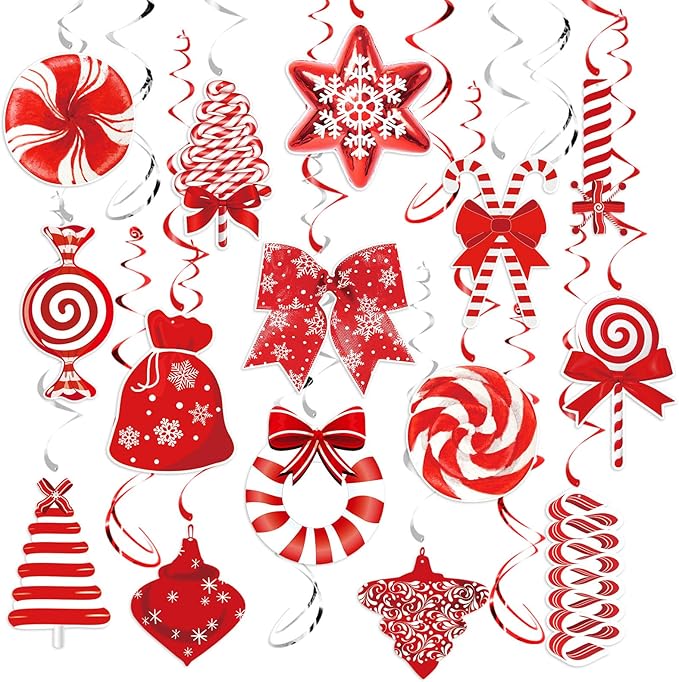 36Pcs Christmas Peppermint Candy Hanging Swirls, Red and White Christmas Ceiling Hanging Swirls Streamers for Winter Xmas Party Decorations