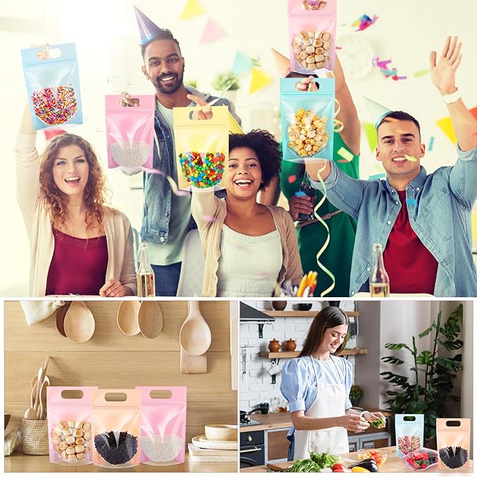 120 Pcs Plastic Gift Bag Bulk Resealable Party Goodie Bag with Clear Window Color Favor Pouch with Handle for Home Birthday Wedding Party Candy Gift Wrap Supplies(Pastel,5.5 x 8.7 Inch)