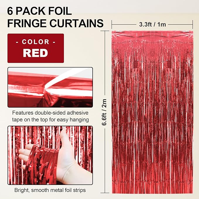 Homiest 6 Pack Red Tinsel Backdrop, 3.3x6.6 FT Metallic Tinsel Foil Fringe Curtains Party Decorations, Birthday Door Streamers for Baby Shower Wedding, Photo Booth Props Background Wall Decor