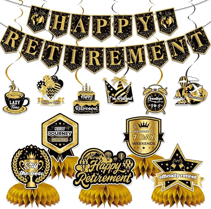 12Pcs Retirement Party Decorations for Men Women Black Gold Happy Retirement Banner Honeycomb Centerpiece Swirls Party Supplies Retired Farewell Party Set Work Graduation Party Decorations