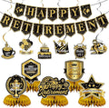 12Pcs Retirement Party Decorations for Men Women Black Gold Happy Retirement Banner Honeycomb Centerpiece Swirls Party Supplies Retired Farewell Party Set Work Graduation Party Decorations