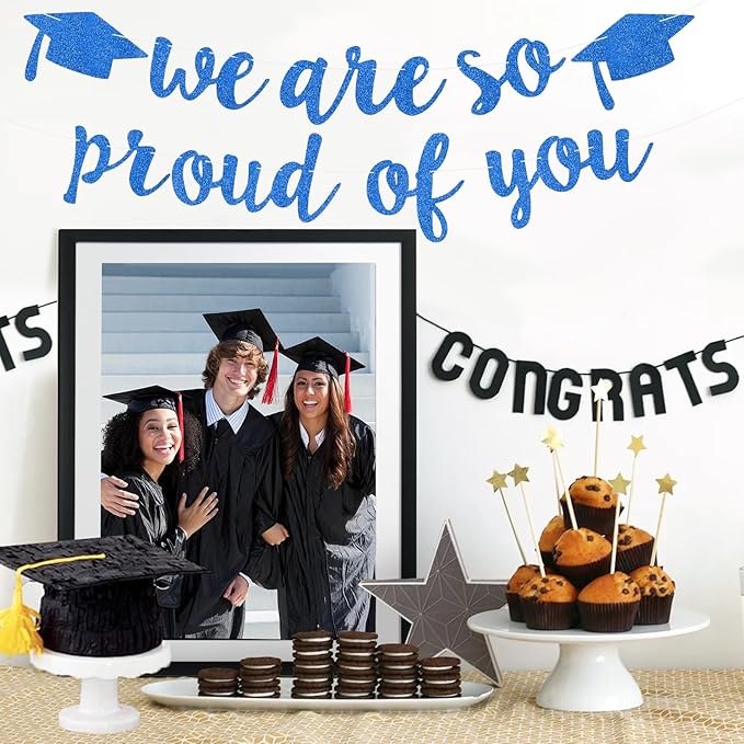 2026 Graduation Decorations Pre-Strung Blingbling We Are So Proud of You Banner Glitter Graduation Garland for Class of 2026 High School College Grad Party (Blue)