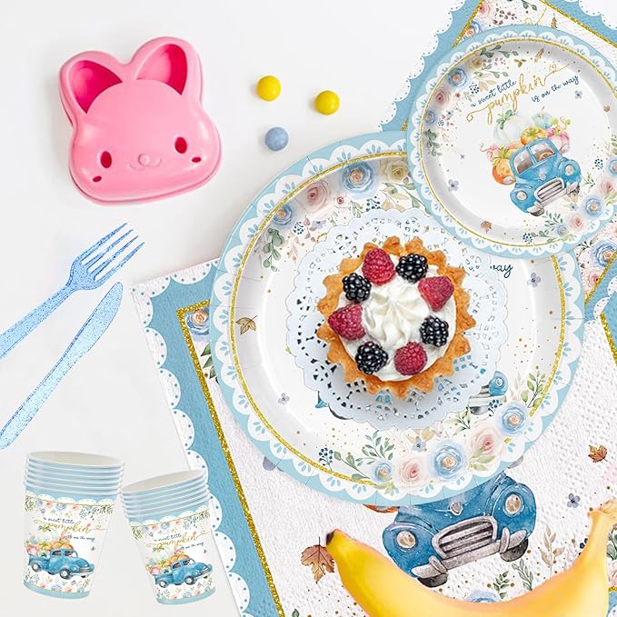 168PCS Blue Pumpkin Baby Shower Party Supllies for Boys Floral Birthday Party Decorations Thanksgiving Tableware Plates Cups Napkins Cups Forks Knives and Straws Dinnerware for 24 Guests