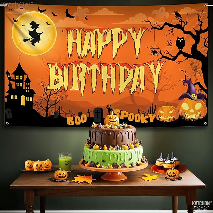 KatchOn, Halloween Happy Birthday Banner - XtraLarge, 72x44 Inch | Spooky Halloween Banner for halloween Birthday Party Decorations | Happy Birthday Backdrop, birthday Decorations Indoor