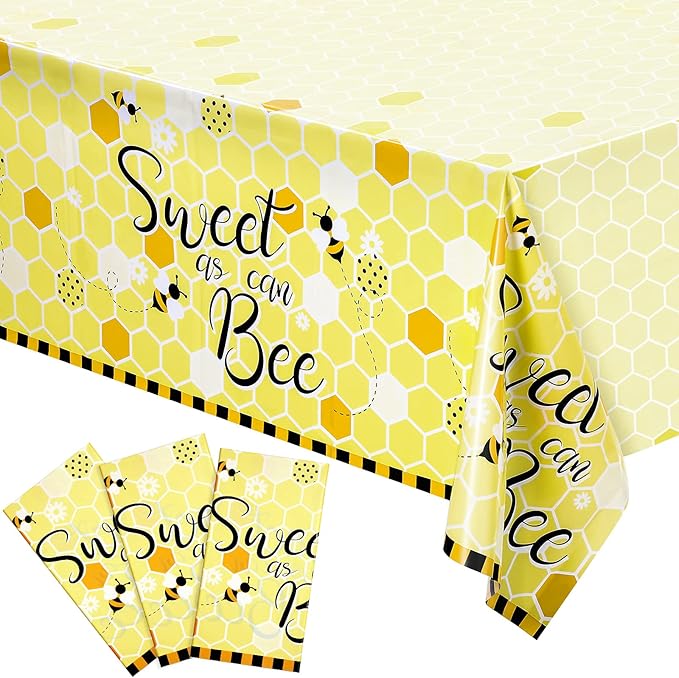 Tatuo 3 Packs Bee Plastic Tablecloths - 54 x 108 Inches Sweet as Can Bee Decorative Table Cover Honey Party Tablecloth Set for Birthday Baby Shower Gender Reveal Party Decorations