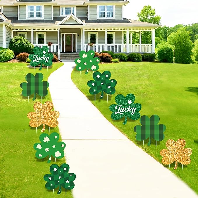 10 Pcs St Patrick's Day Decorations Outdoor, St Patricks Day Decorations Yard Signs with Stakes, Large Green and Gold Clover Signs for Irish-Themed Party Favor, Shamrock Decor for Yard Lawn Garden