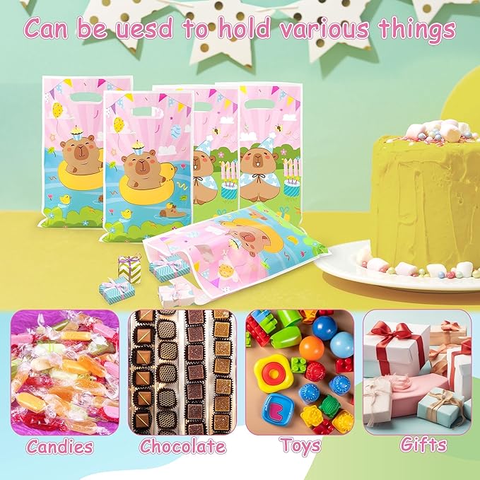 Capy Party Favor Bags - 50Pcs Pink Capy Patterns Goody Candy Treat Bags, Cute Animals Themed Party Decorations for Kids Boys Girls Birthday Baby Shower Animals Events Supplies