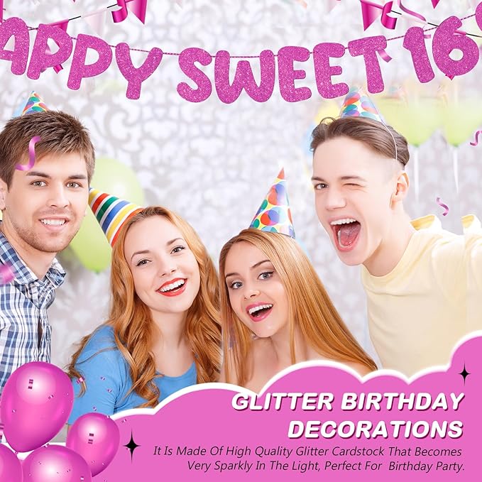 Fulmoon Pre Strung Happy Sweet 16 Banner Glitter Sixteenth Birthday Party Decorations 16th Party Sign Sweet 16 Party Decorations for Birthday Party Bachelorette Party(Hot Pink)