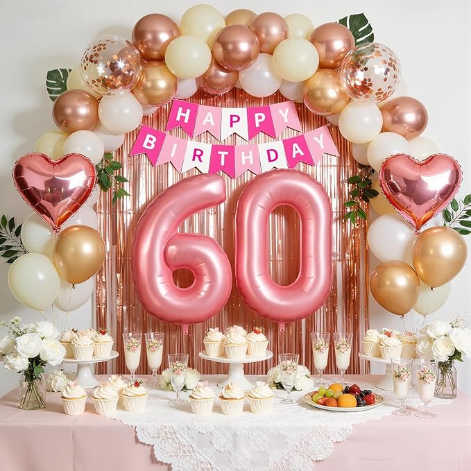 60th Birthday Decorations for Women, Rose Gold and Pink Party Supplies Set with Happy 60th Banner, Number 60 Balloon and Foil Fringe Curtains, 60 Year Old Kit