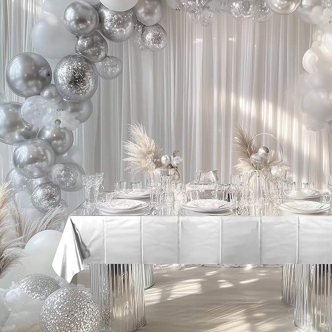 2Pcs SilverFoil Metallic Tablecloth Shiny Party Table Cloth 54" X 108" Disposable Rectangle Decoration for Thanksgiving Christmas Graduation Birthday Pary