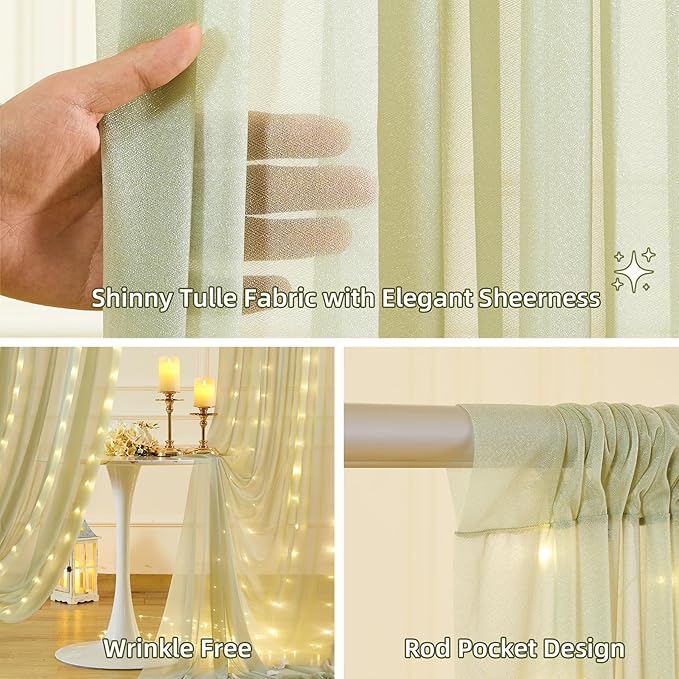 10x10FT Green Wrinkle Free Backdrop Curtains with Lights String for Parties - Photo Curtain Backdrop with Lights for Wedding Decorations, Bridal Baby Shower Birthday Party Photography Background