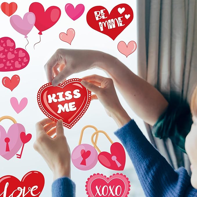 80PCS Valentines Window Clings, 4 Sheets Valentines Home Decor, 13.7 × 9.8 Inches Heart Window Clings Double-Sided Heart Stickers for Classroom, Wedding Romantic Decorations