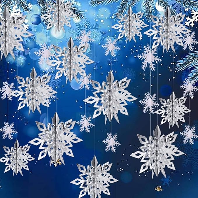 OuMuaMua Christmas Snowflake Decorations Indoor, 24PCS 3D Silver Hanging Snowflakes Garland for Winter Wonderland Decor Xmas Christmas Party Baby Shower Holiday Home Decorations