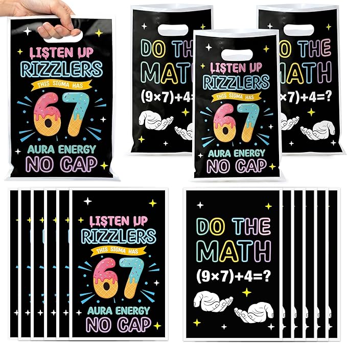6 7 Meme Party Favor Bag 50Pcs Funny 6 7 Birthday Goody Candy Treat Gift Bags, Six Seven Number Ice Cream Theme Party Decorations for Kids Six Seven Birthday Holiday Party Supplies
