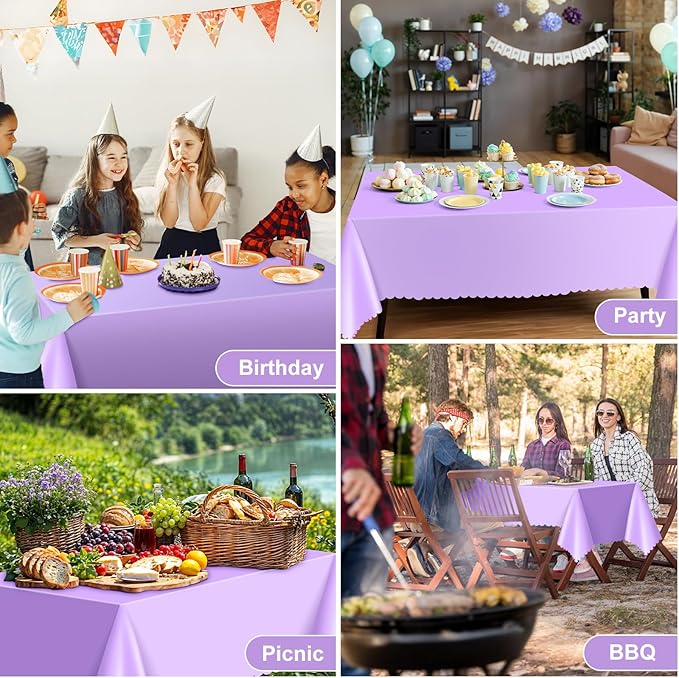 6 Pack Lavender Plastic Tablecloth, 54 X 108Inch Disposable Light Purple Scalloped Easter Table Cloth Waterproof Spring Table Cover for Mother's Day BBQ Picnic Baby Shower Birthday Wedding Decor