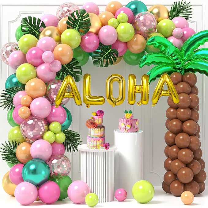 178Pcs Tropical Luau Balloons Arch Garland Kit Hawaiian Party Decorations with Coconut Balloon Tree, Aloha Foil Balloons, Palm Leaves, Kids Adult Summer Beach Pool Luau Birthday Party Decorations