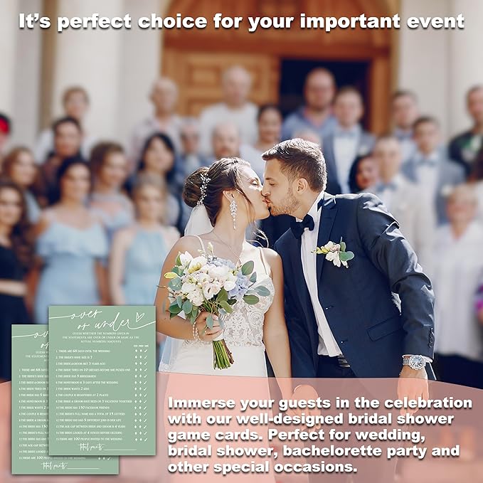Over or Under Game Cards, Sea Green Bridal Shower Games, 30 Elegant Wedding Game for Bachelorette Engagement Party Reception Supplies - A11
