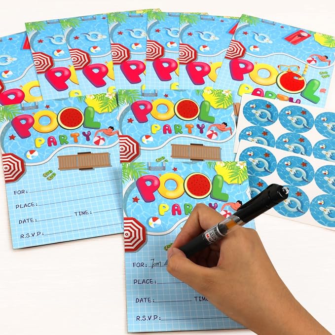 chiazllta Pool Birthday Party Invitations Boys Girls Summer Pool Invitation Cards Set for 30 Guests,Swimming Invitations Supplies with Sticker Labels Envelopes Birthday Decorations