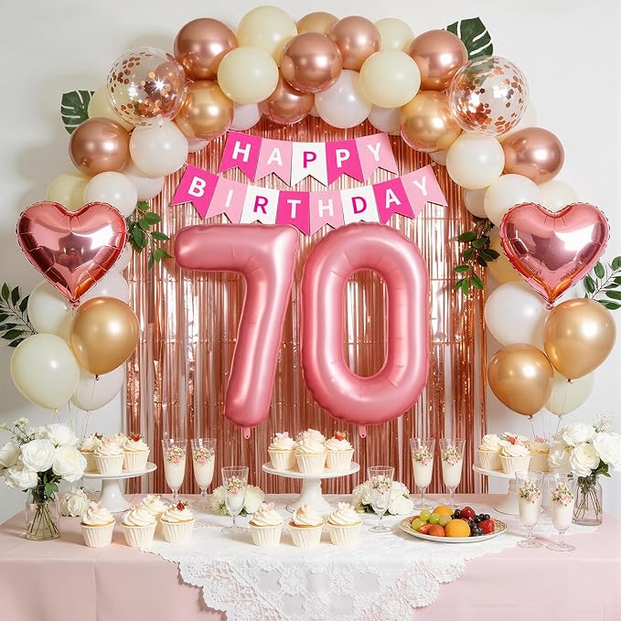 70th Birthday Decorations for Women, Rose Gold and Pink Party Supplies Set with Happy 70th Banner, Number 70 Balloon and Foil Fringe Curtains, 70 Year Old Kit