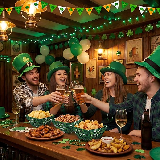 Marspark 24 Pcs St. Patricks Day Popcorn Boxes Paper St. Patrick's Food Trays Green Shamrock Snack Serving Trays Decorations Irish Disposable Paper Platters for Cookie Holiday Party Supplies Family