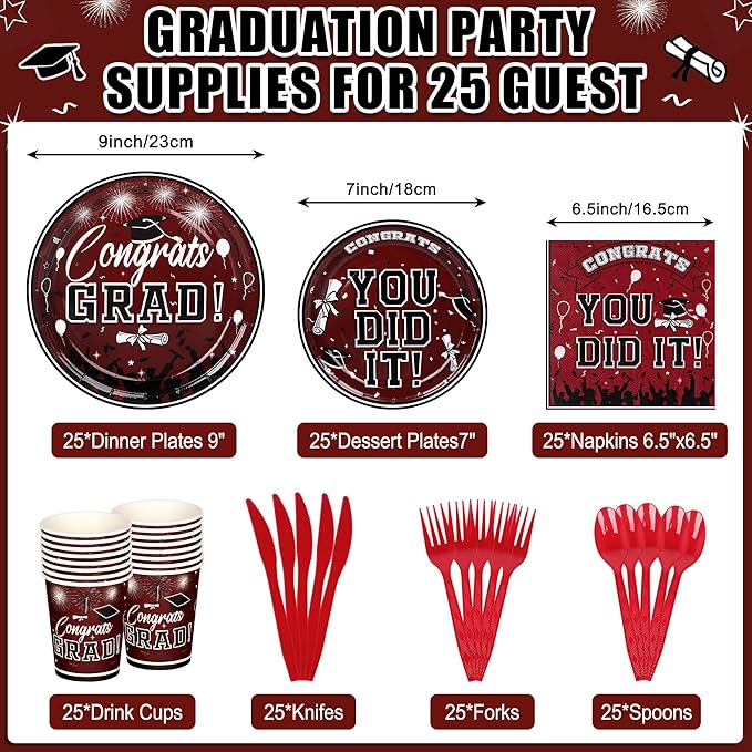 175PCS Graduation Plates and Napkins Set 2026 Graduation Party Supplies Tableware Set Include Paper Plate Napkin Cup Knife Fork Spoon for Grad Party Decor Serve25(Maroon)