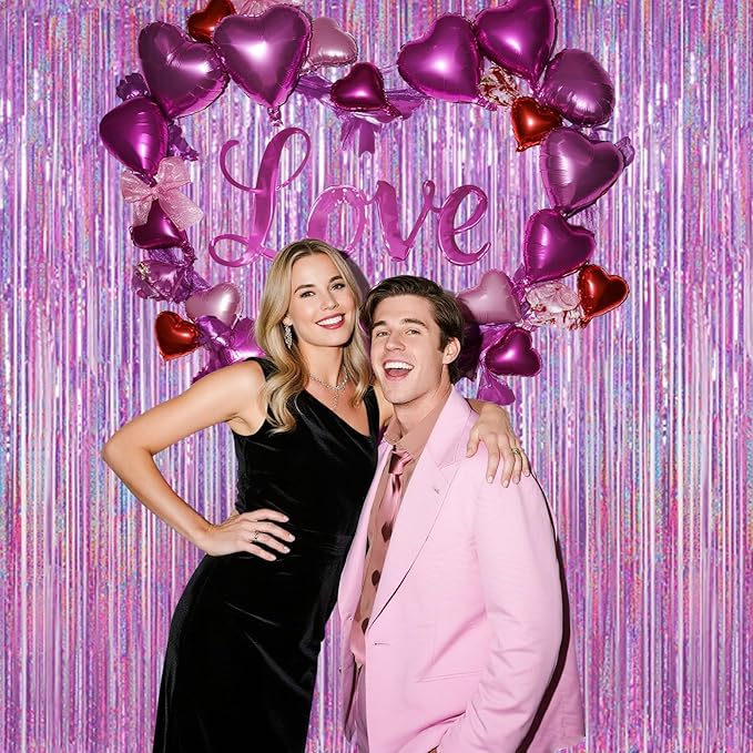 Shimmering Purplish Pink Foil Fringe Curtains for Party Decor - Tinsel Backdrop for Photoshoot, Party Wall Decor with Glitter Streamers for Weddings, Baby Showers, Birthdays & Stage Events
