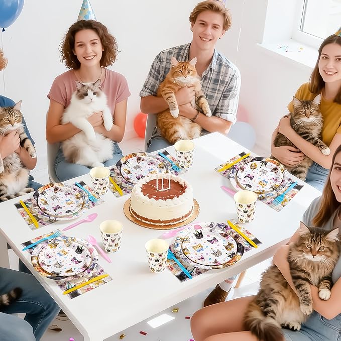 Cats Happy Birthday Party Plates Set, 168PCS Cats Themed Paper Plates Napkins Cups and Colorful Cutlery Set, 24 Set Cat Disposable Tableware Set for Birthday Party Supplies