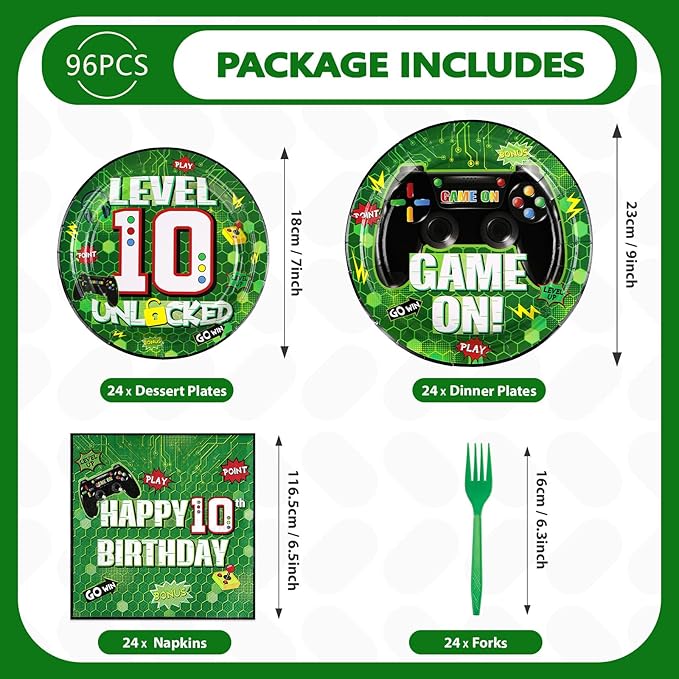 96Pcs 10th Birthday Video Game Party Supplies Green Video Game Paper Plates and Napkins Tableware Sets Video Game Birthday Decorations for Kids Boys 10th Birthday Gamer Gaming Party Serves 24