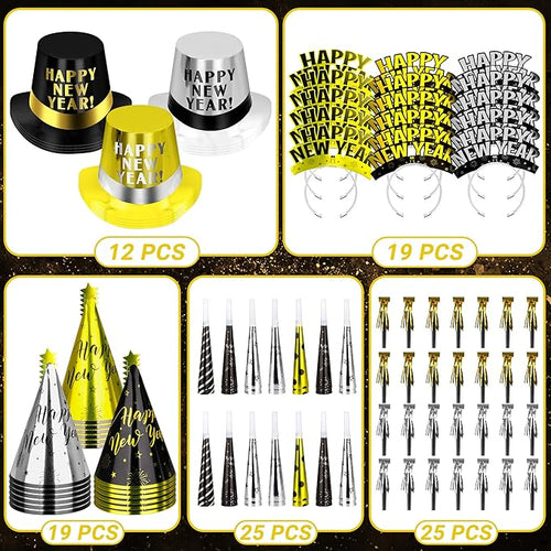 100PCS New Years Party Supplies, New Years Eve Headband 50 Guests, New Year Party Supplies, Cardboard Cone Hat Eve Hats and Tiaras Party Horns Fringed NYE Gold Black Silver
