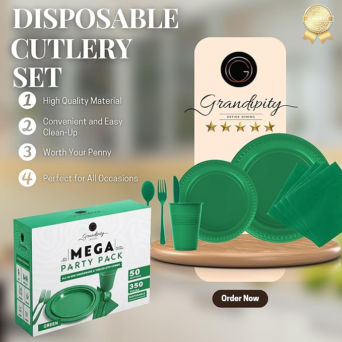 Grandipity 350 Piece Green Disposable Dinnerware Set, Includes 50 of Each: 9" Dinner Plates, 7" Dessert Plates, 12oz Cups, Paper Napkins, Forks, Knives & Spoons