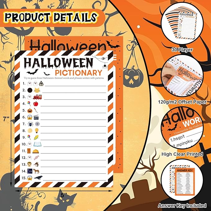 COCHIE 30 Players Halloween Party Games for Adults Family Office Large Groups, Words Pictionary Game, Guesstures Game, Word Scramble Games with Answer Key (Halloween Orange)