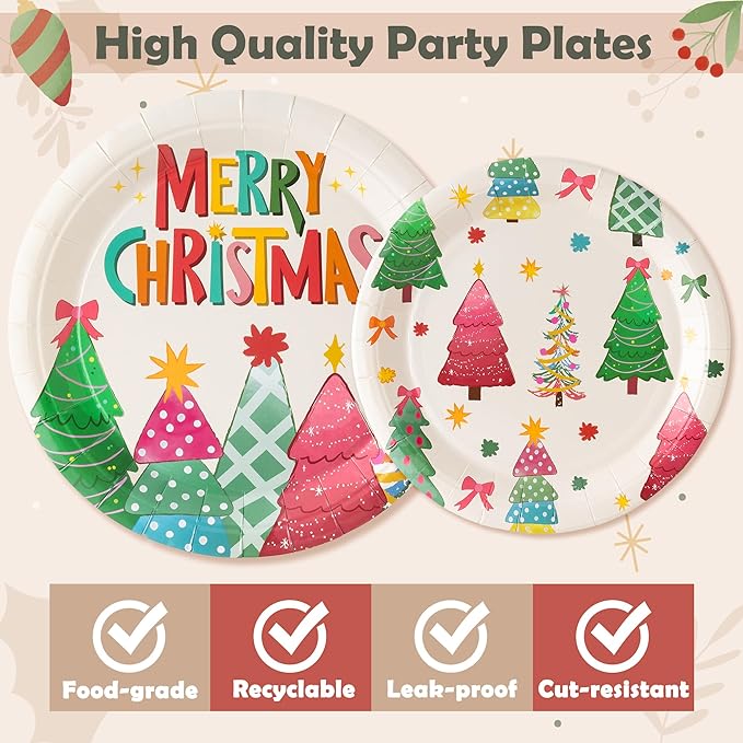 Party Plate Supplies - Serves 24-96Pcs Party Tableware Decoration Disposable Paper Plate Napkin Fork for Birthday Merry Christmas Tree