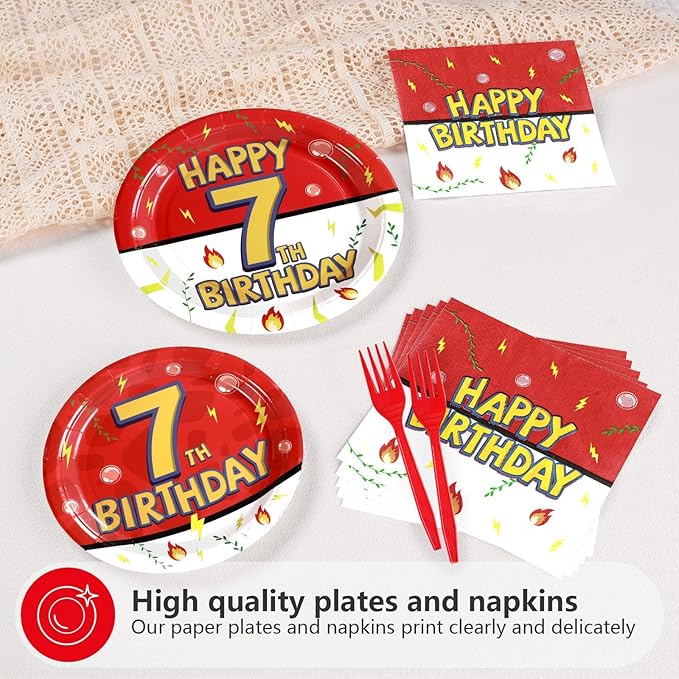 Grencian 96Pcs Happy 7th Birthday Party Supplies Cartoon Anime Themed Paper Plates and Napkins Tableware Sets Red and White Decoration for 7 Year Old Birthday Kids Children Party Serves 24