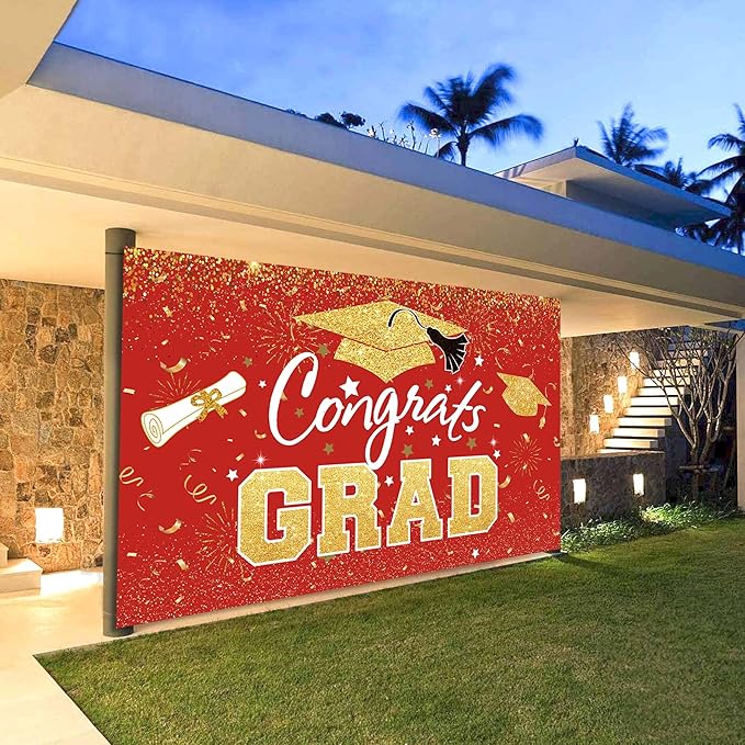 Graduation Party Decorations - Red Gold Congrats Grad Class of 2026 Backdrop Banner Large Sign Wall Decorations Photography Background Party Supplies for 2026 Graduation Party Decorations