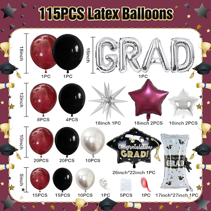 Red Graduation Balloons Garland Arch Kit, 115PCS Red Black Silver Graduation Star Print Cap Certificate Grad Foil Balloon with Silver Explosion Star Balloon for Graduate Class of 2026 Prom Party Decor