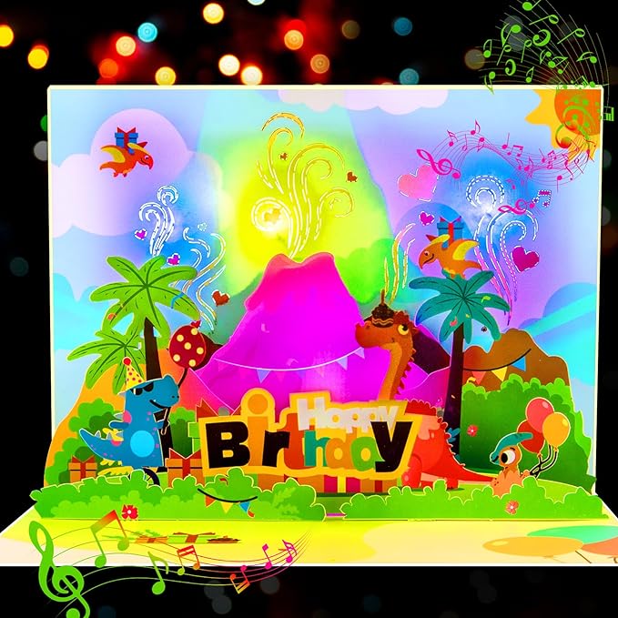 GREETING ART 3D Pop Up Birthday Cards, Dinosaur Musical Birthday Card, Birthday Cards With Music and Lights, Happy Birthday Card for Kids, Boys, Girls, Women, Men