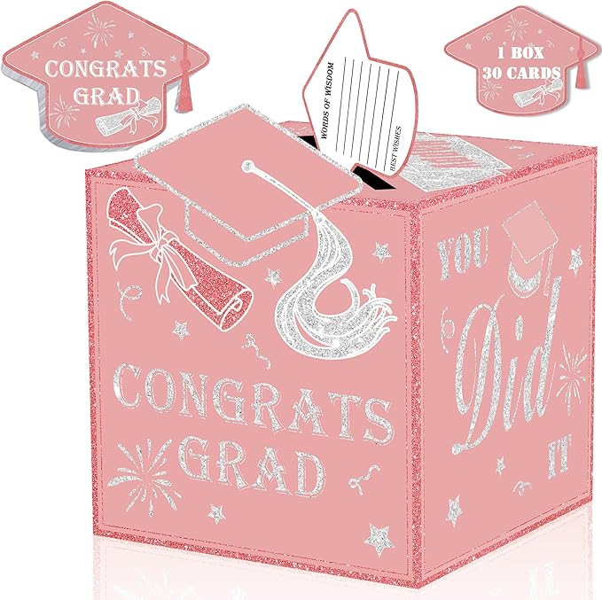 AYGXU graduation card box Holder 2026 with 30pcs graduation cards,Graduation party Decorations,graduation box for gifts and Cards,graduation money box,Graduation Party Supplies-pink card box