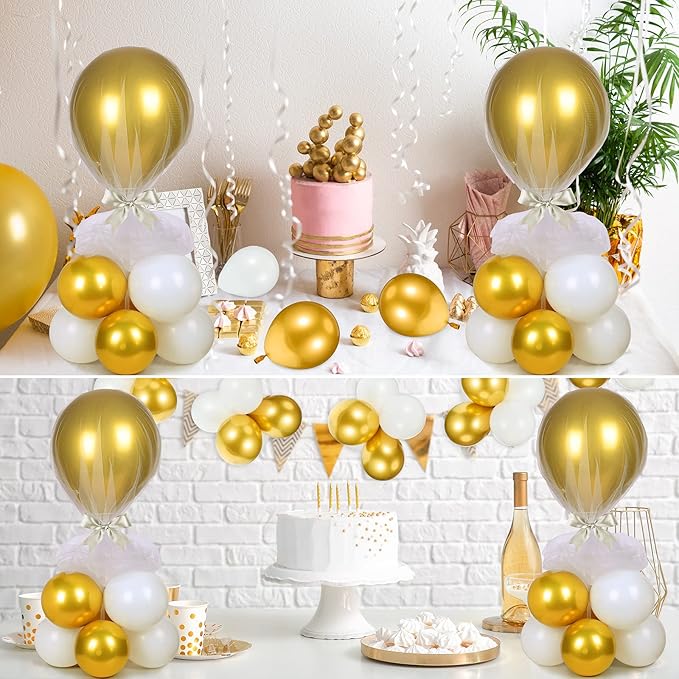 BBTO 8 Set Table Centerpieces Balloons Stand Kit, 80 Pcs Latex Balloons and Table Stand Holder with Base Tulle for Wedding Birthday Baby Shower Party(Gold and White)